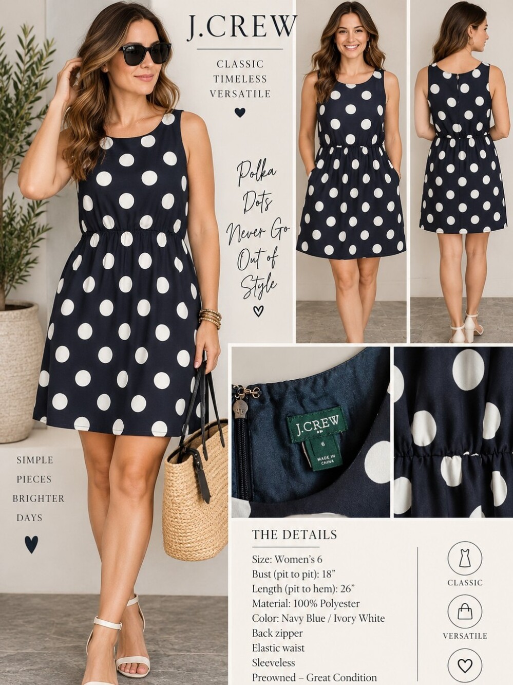J.Crew Women’s Size 6 Navy Ivory Polka Dot Sleeveless Dress Classic Fit & Flare